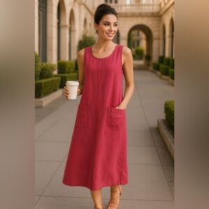 Nu Construction 100% Linen Rose Red Sleeveless Shift Dress w/ Pockets – XL